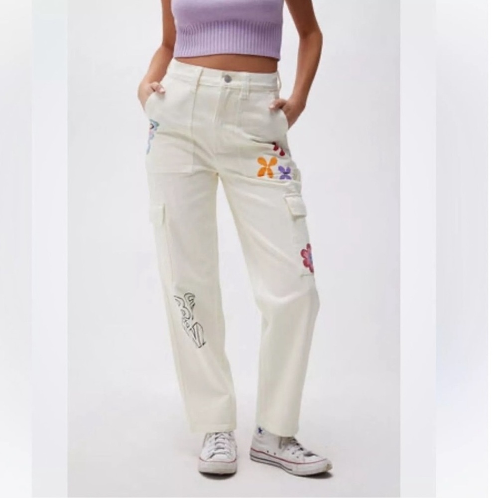 PacSun White Cargo Jeans with Colorful Floral Accents